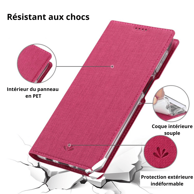 Etui téléphone rose avec rabat et porte-cartes