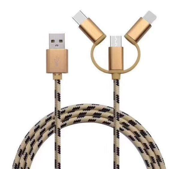 Dealer de Coque Câble / Chargeur 100 cm / Yellow Cable 3 en 1 - prise Androïd, USB-C et Lightning
