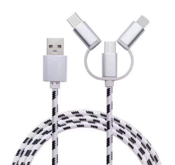 Dealer de Coque Câble / Chargeur 100 cm / White Cable 3 en 1 - prise Androïd, USB-C et Lightning